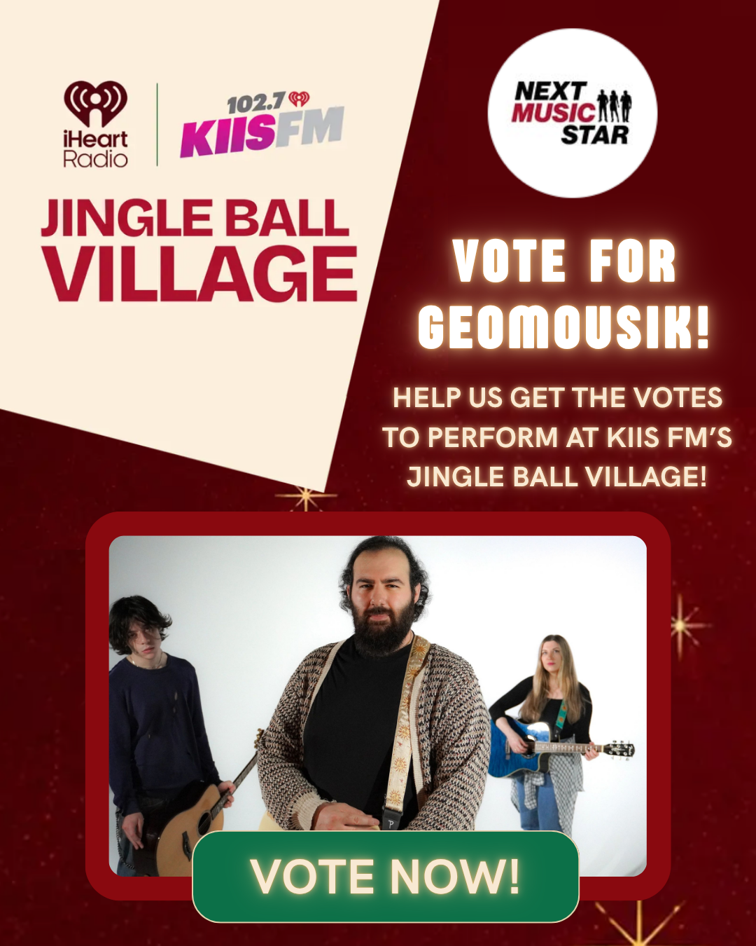 Next Music Star poster featuring Geomousik, iHeartRadio, and KIIS FM’s Jingle Ball Village